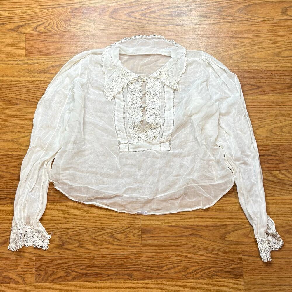 Vtg Cotton Voile White Crochet Lace Edwardian Blouse Boho Poet Sleeve M